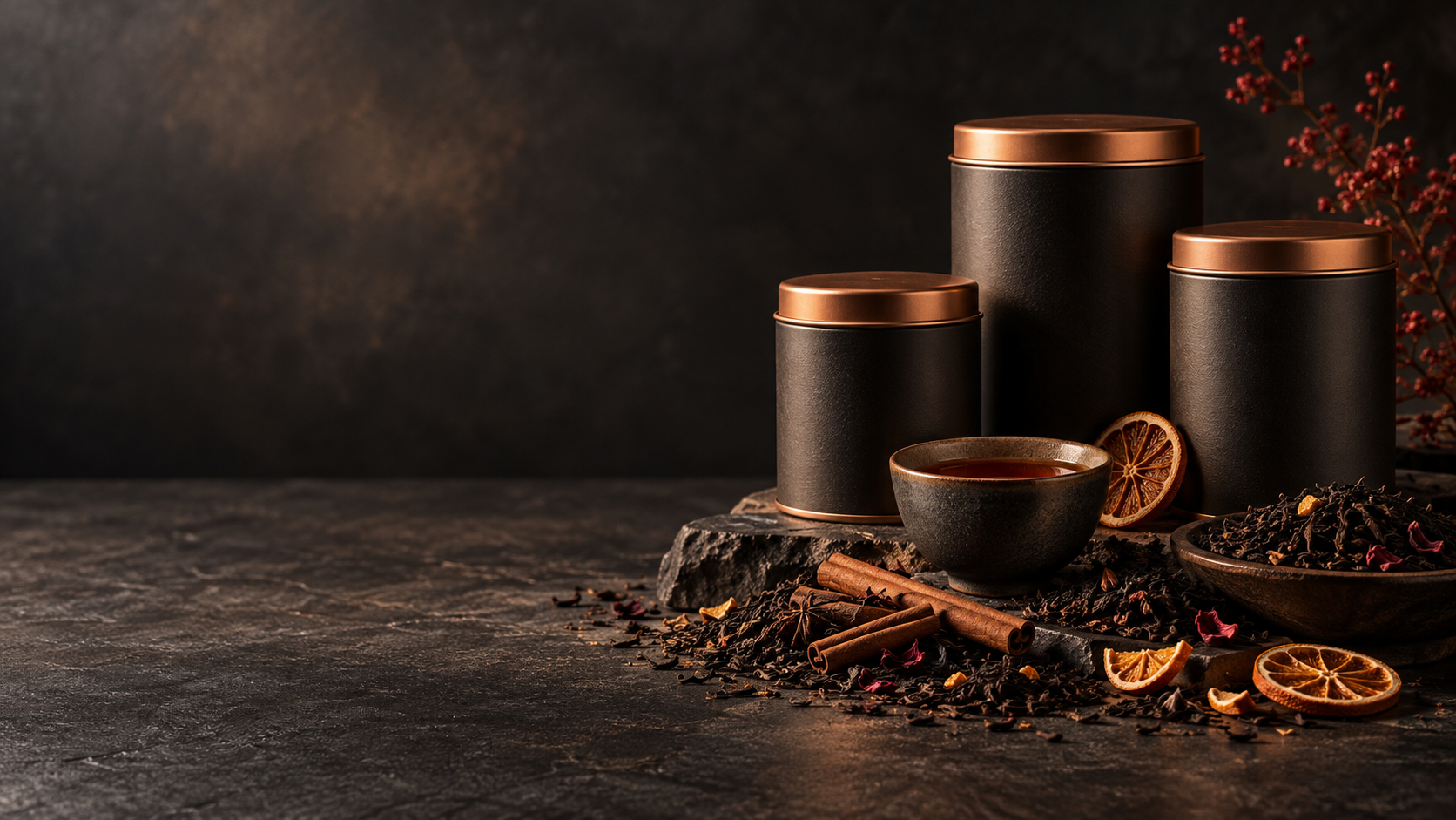 Aroma Tea tins, a ceramic cup and loose Ceylon tea ingredients